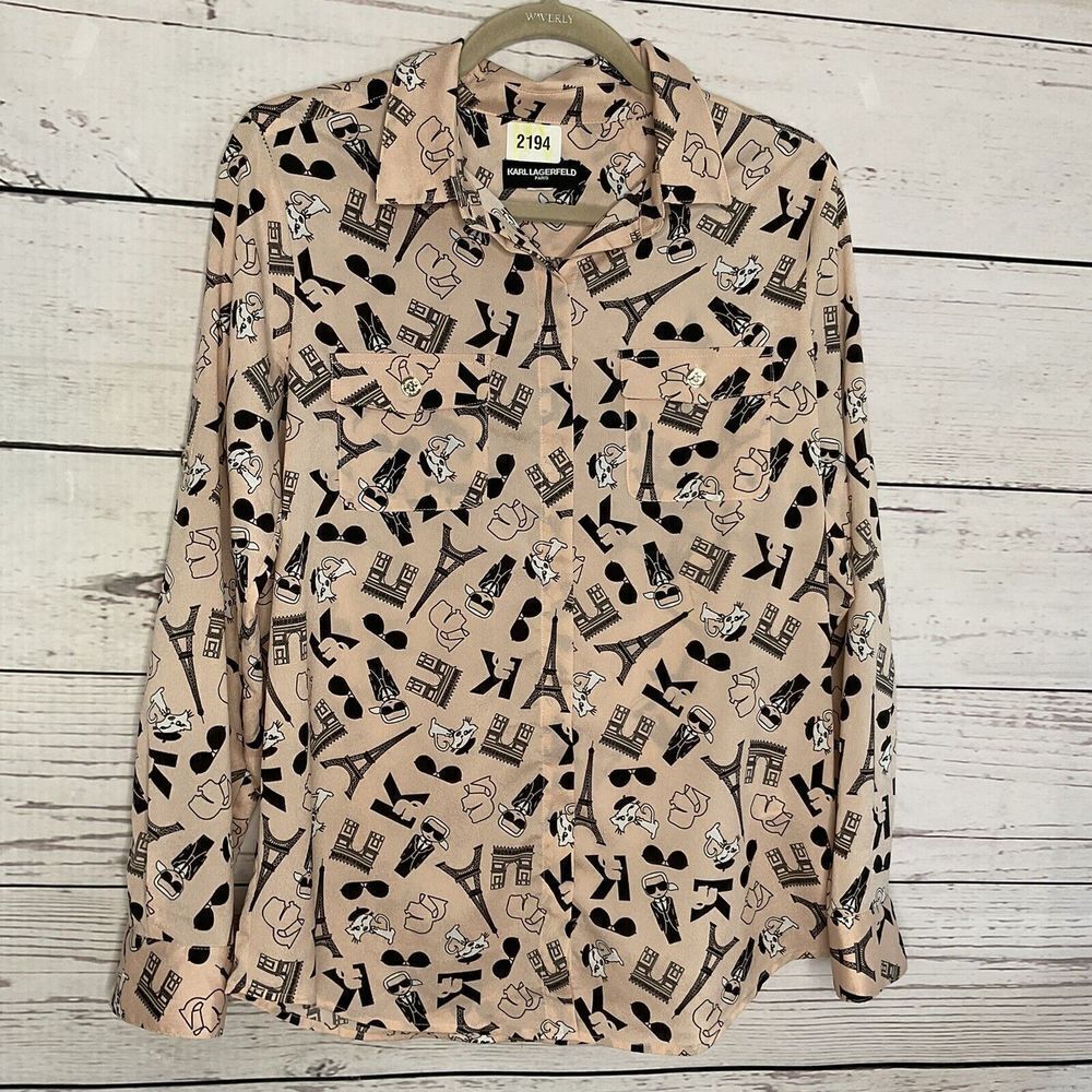 Karl Lagerfeld Blouse Shirt  Women’s M Medium Light Pink Cat Paris Eiffel Tower‎